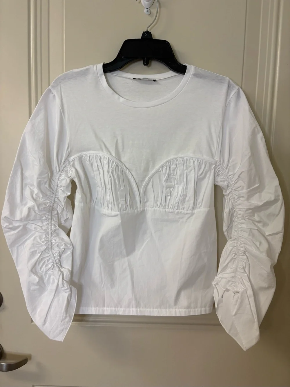 NWOT Zara White Ruched Puff-Sleeve Blouse SZ S